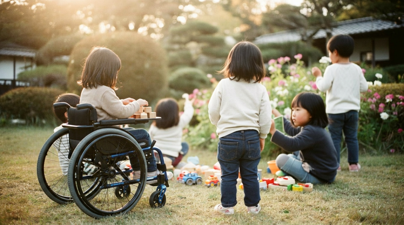 Children playing together in a sunlit garden, viewed from behind
